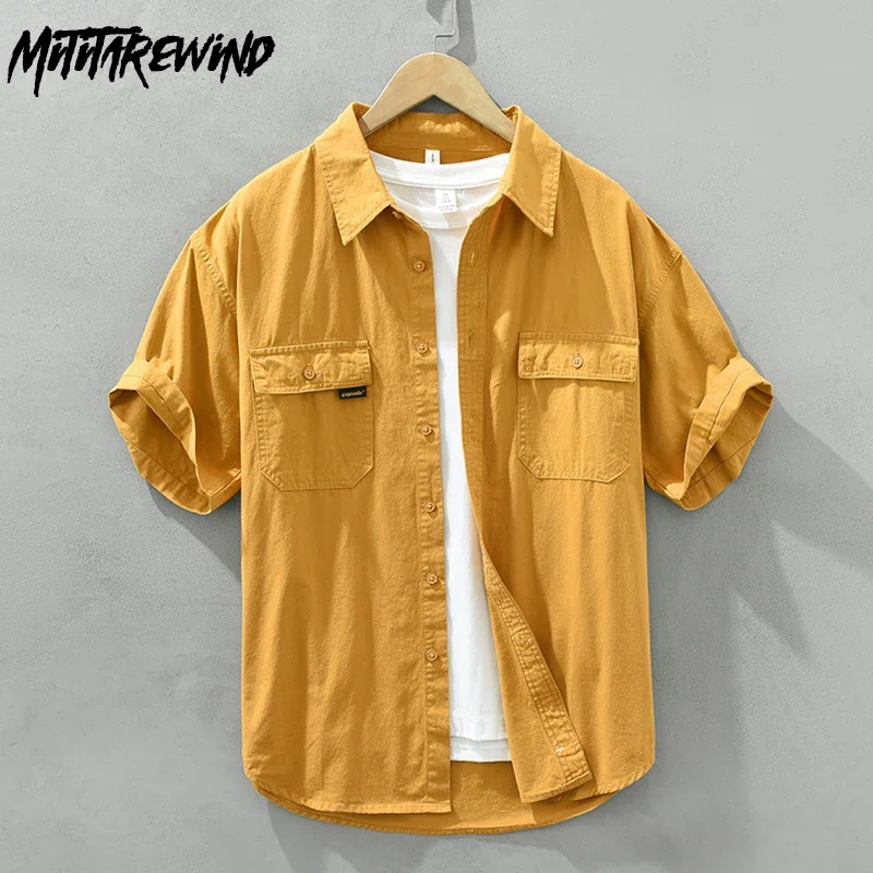 

Мужская летняя рубашка-карго в японском стиле с коротким рукавом, двойными карманами, желтая, из чистого хлопка, комфортная, свободного кроя