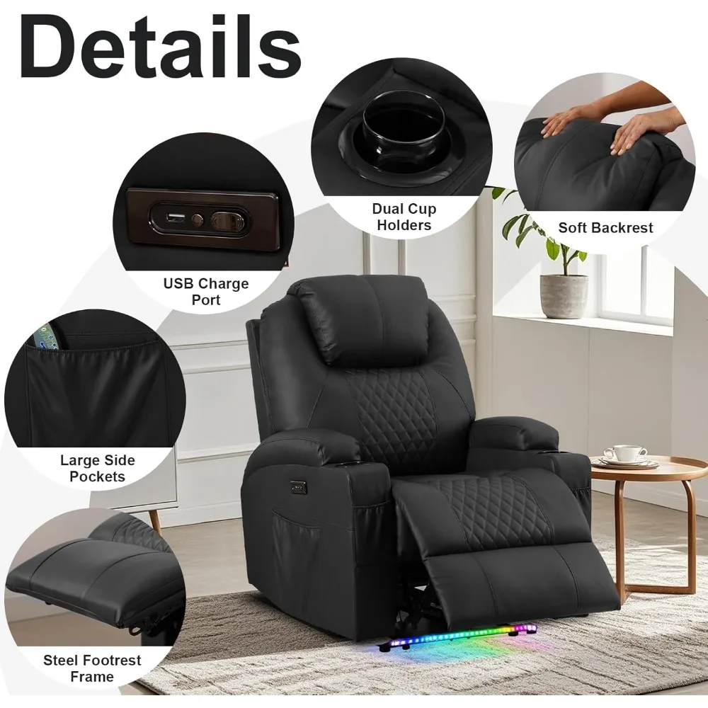 كرسي كرسي كهربائي مع تدليك اهتزاز وحرارة للبالغين، جلوس مسرح منزلي من الجلد الصناعي مع حاملات أكواب/أضواء LED #6