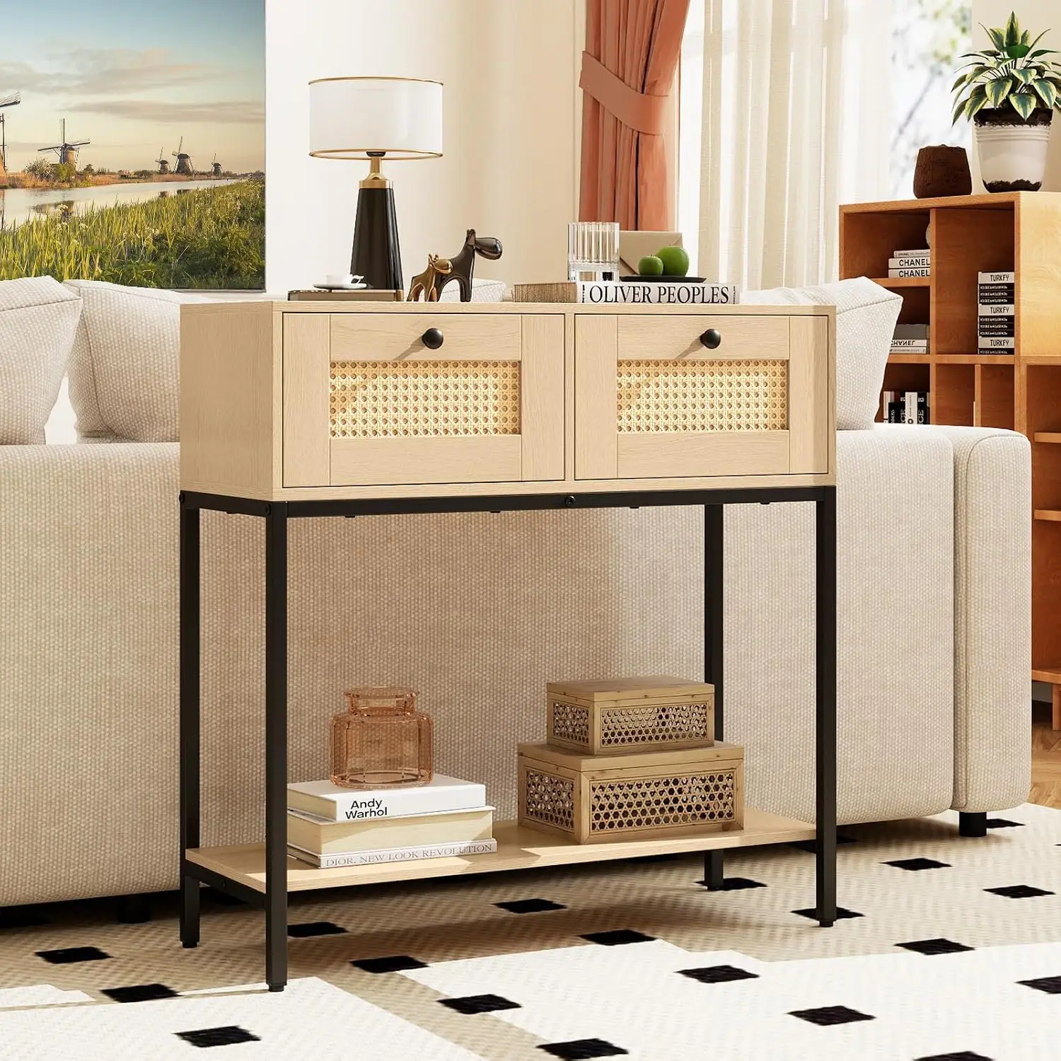 Boho Console Table with Rattan Drawers & Open Shelf, 31.5