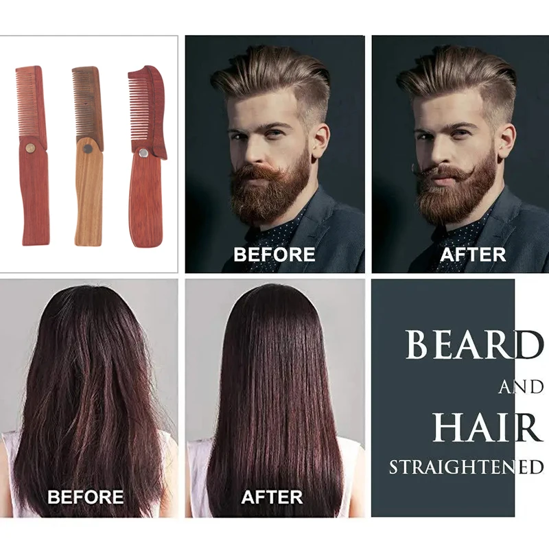 مشط جيب للرجال، مشط لحية خشبي قابل للطي، أمشاط شعر من خشب الصندل للرجال مثالية للاستخدام مع بلسم اللحية