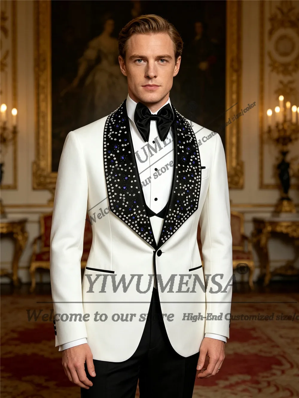 

Glitter Beading Stones Suit Men For Wedding Black Peaked Label Prom Blazer Customized 3 Piece Sets Man Banquet Tuxedos Attire