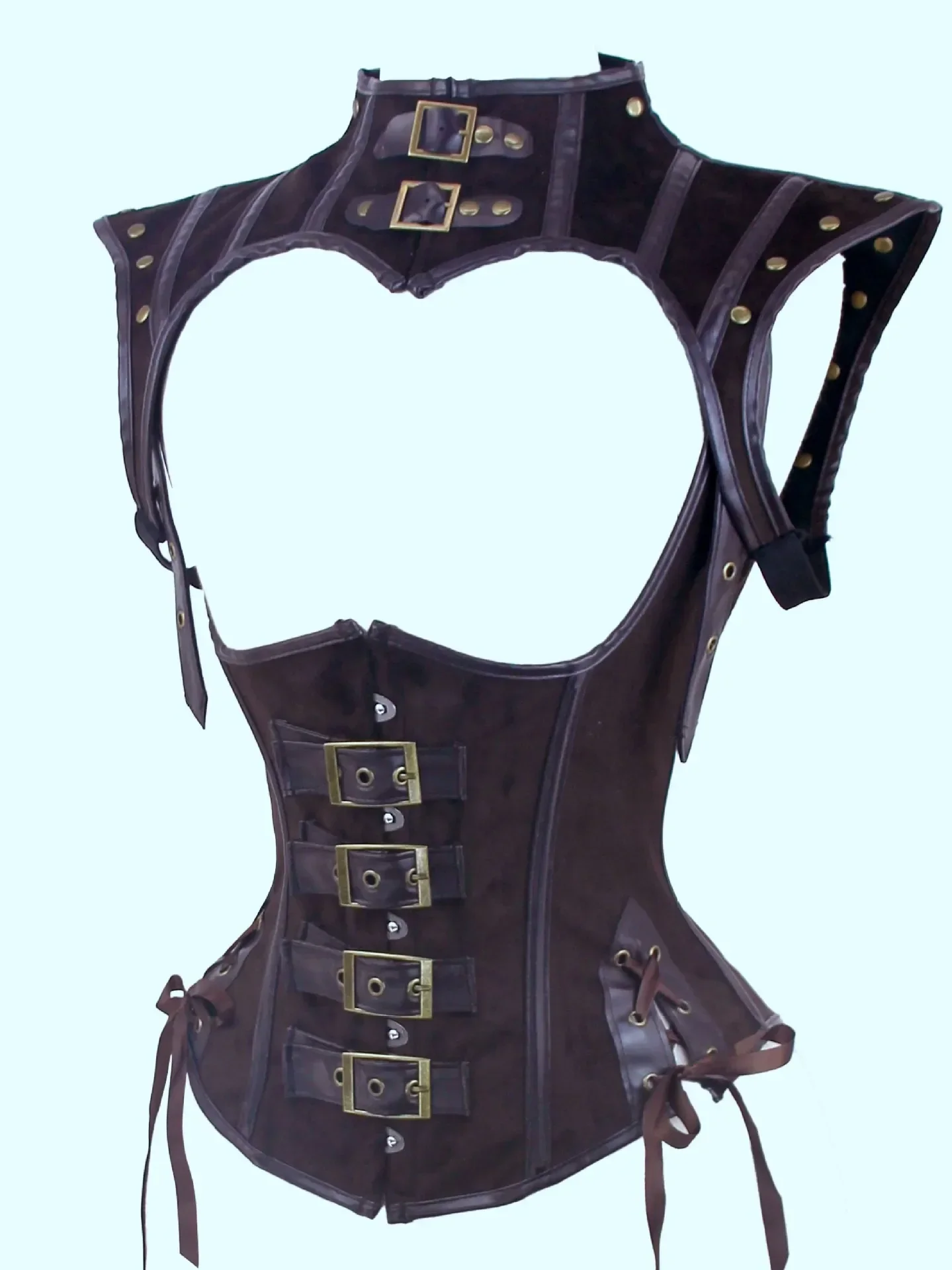 Corset Top with Shoulder Brown Suede Leather Gothic Steampunk Bustier Lace Up Jacket Armor Women Halloween Cosplay Costume