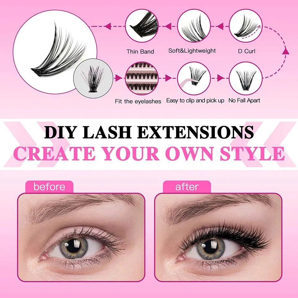 DIY Lashes Extension Kit Eyelashes 200 PCS Clusters Lash Bond and Seal Makeup Tools for Gluing Lashes Gluing Glue Accessories