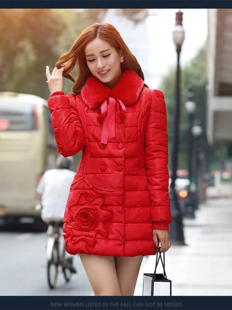 2025 Winter Women Jacket New Slim-Fit Thick Warm Belt Fur Collar Mid-Length Cotton-Padded Coat