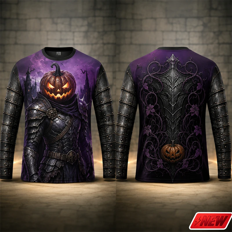 Men Halloween Pumpkin Knight 3D Print Long Sleeve T Shirt Warrior Fire Graphic Tee Crew Neck Novelty Party Holiday Casual Top