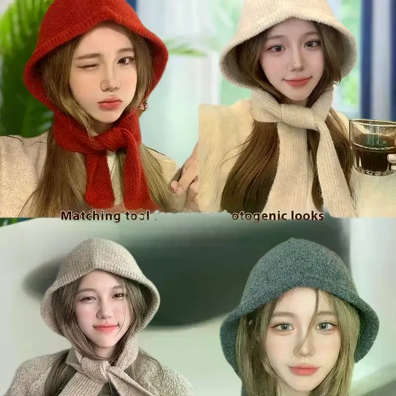 الكورية هود وشاح بالاكلافا قبعة سدادات حماية الأذن الدافئة منفذها القبعات النساء الرجعية حزام القوس بيني الشتاء اكسسوارات محبوك القانون قبعة #6