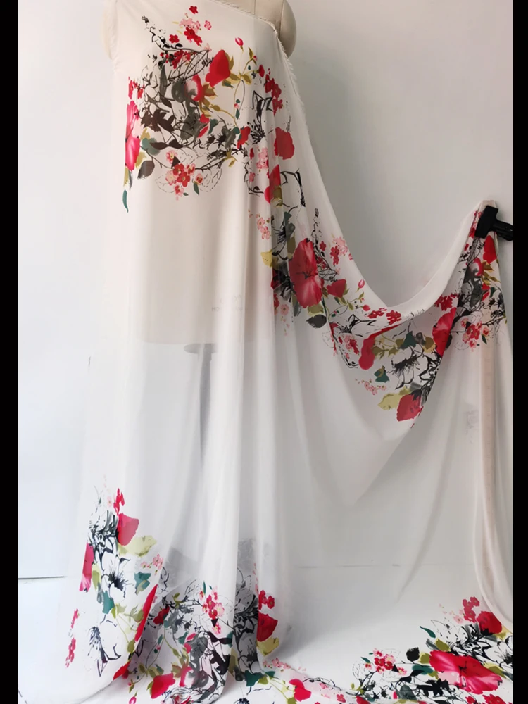 1 meter X 1.48 meter Natural White Positional Flower Chiffon Fabric Wedding Dress Material Digital Print