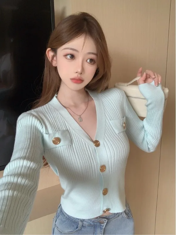 Slim Fit V-Neck Long Sleeve Knitted Sweater Women's Fashion Autumn New Style Soft Comfortable Breathable Top Coat