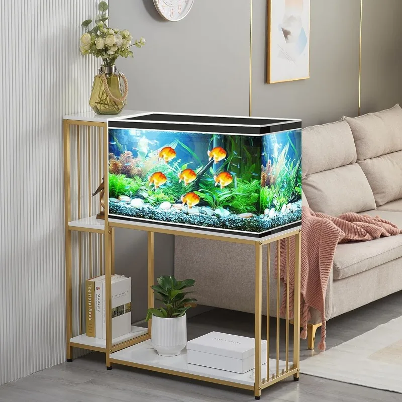 Fish Tank Stand for up to 29 Gallon Aquarium, Reptile Terrariums Tank Stand, Metal Wooden Aquarium Stand, Gold