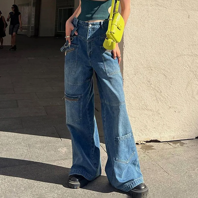 

CGC Korean Fashion Baggy Jeans Straight Wide Leg Women Pants Casual Multiple Pockets y2k Jeans Streetwear Loose Woman Trousers