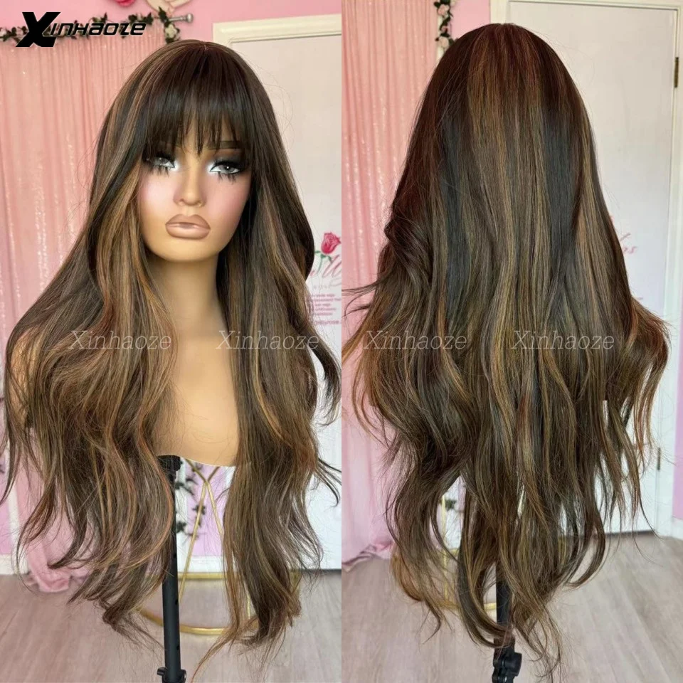 Highlight Brown Blonde Glueless Wig Human Hair With Bangs Bleached Knots 13x6/13x4 Natural Wave Lace Front Wig For Women PreCut