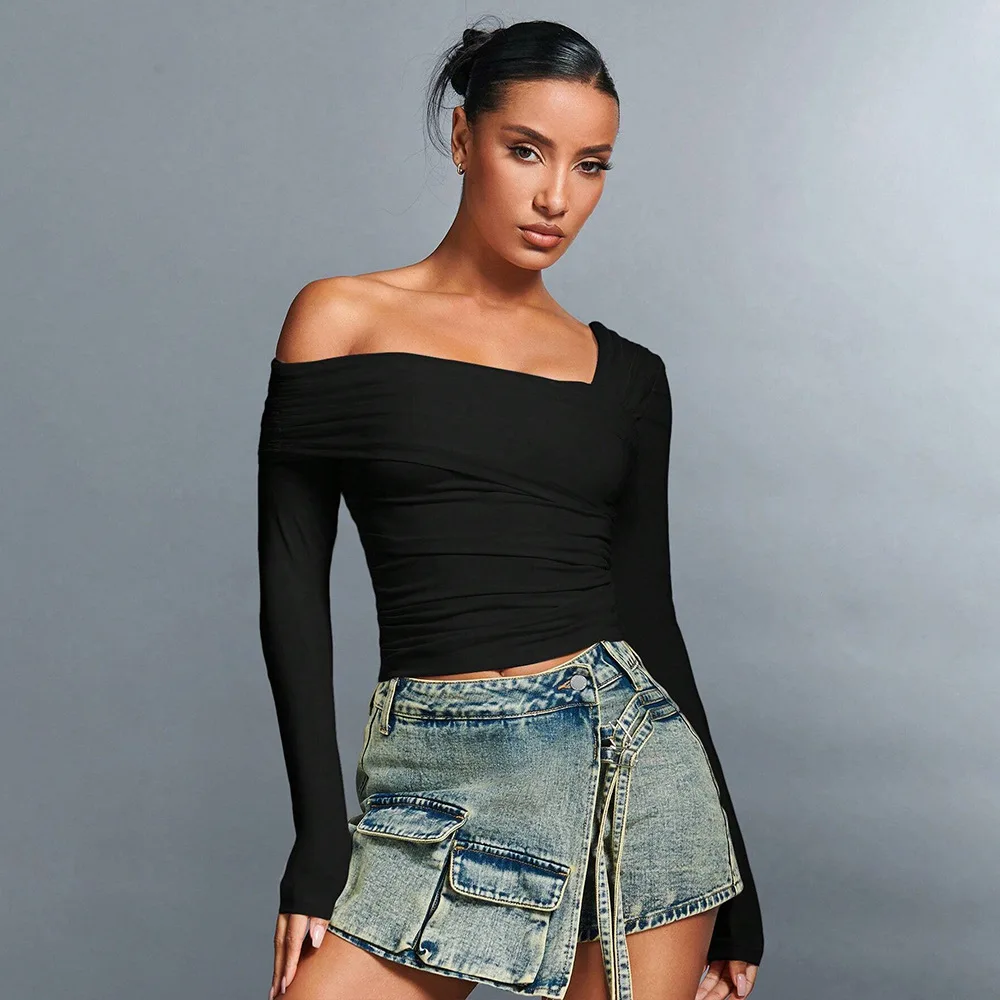 Sexy of Sve T-shirt 2024 Winter Uniek Design Vierkante Kraag Dik Gebreid Damesmode Grensoverschrijdende Kleding