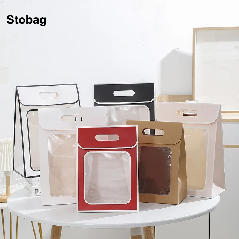 

StoBag 12pcs Kraft paper Gift Tote Box with Window Packaging for Cake Candy Cookies Storage Baking Pouch Birthday Party Favor