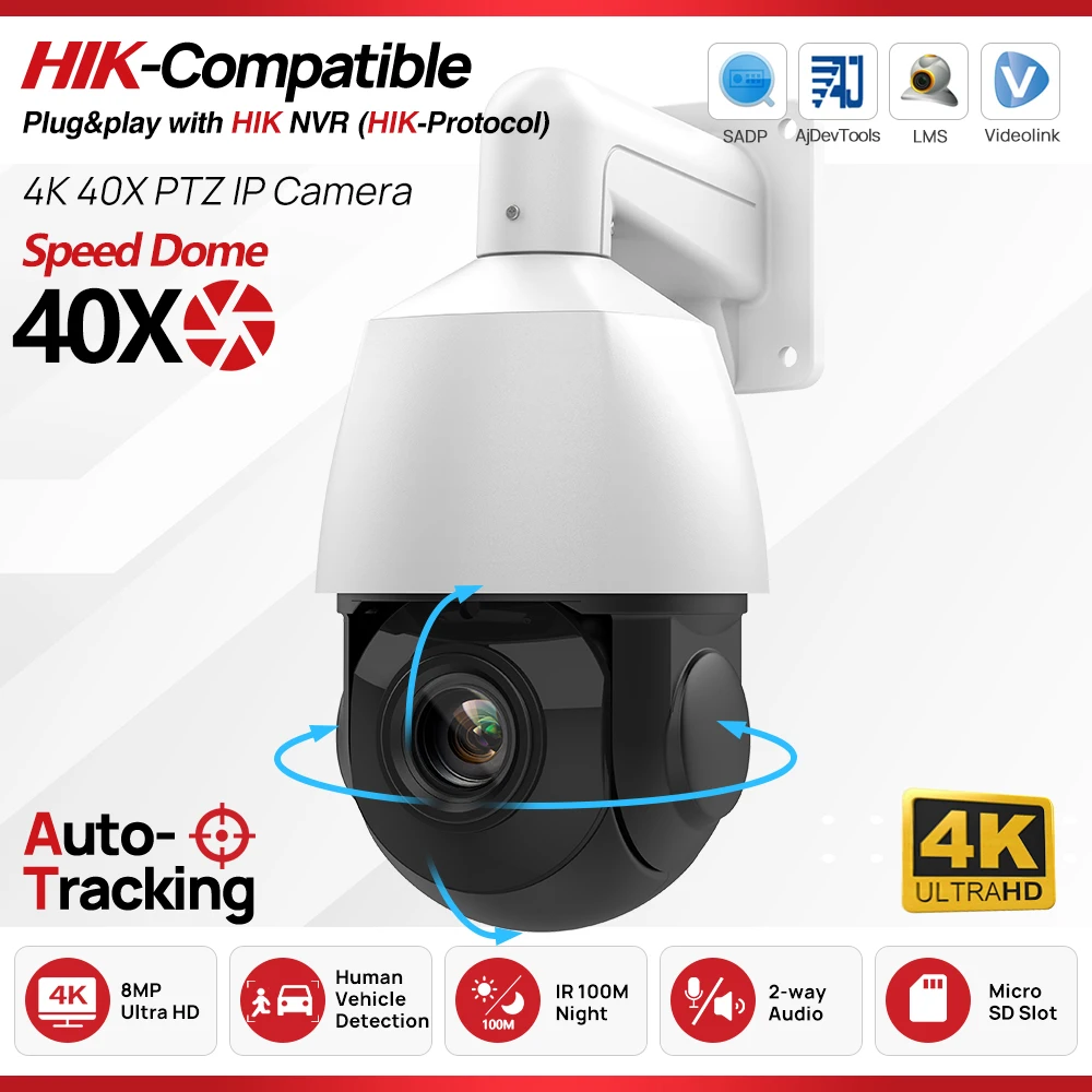 Summer Sale Hikvision Compatible 8MP PTZ IP Camera 40X Zoom Human Vehicle Tracking 2-Way Audio Outdoor Surveillance CCTV Camera