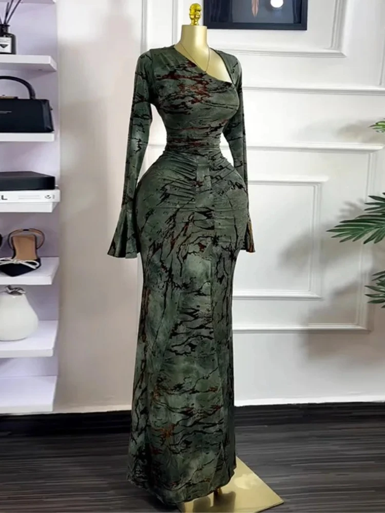 

Elegant Women Printed Skew Neck Flare Long Sleeve Ruched Long Dress 2026 Summer Evening Birthday Sexy Party Dresses Vestidos