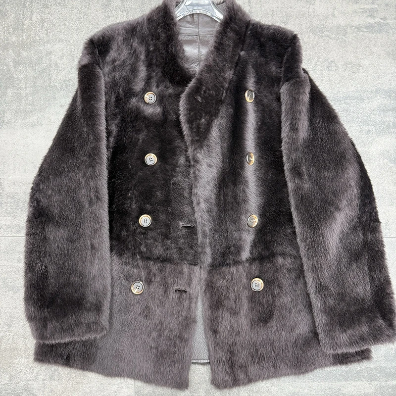معاطف الفرو الحقيقي امرأة المستوردة راجون الصوف مزدوجة الصدر الوقوف طوق بسيط تنوعا متوسطة طول سترة جلدية فرو الضأن #6