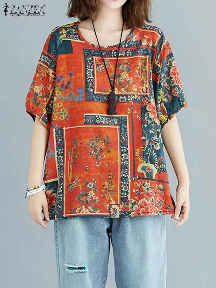 2023 ZANZEA Fashion Tops Women Blouses Summer Blusas Short Sleeve Cotton Printed Tunic Plus Size Blouse Casual Top Outwear