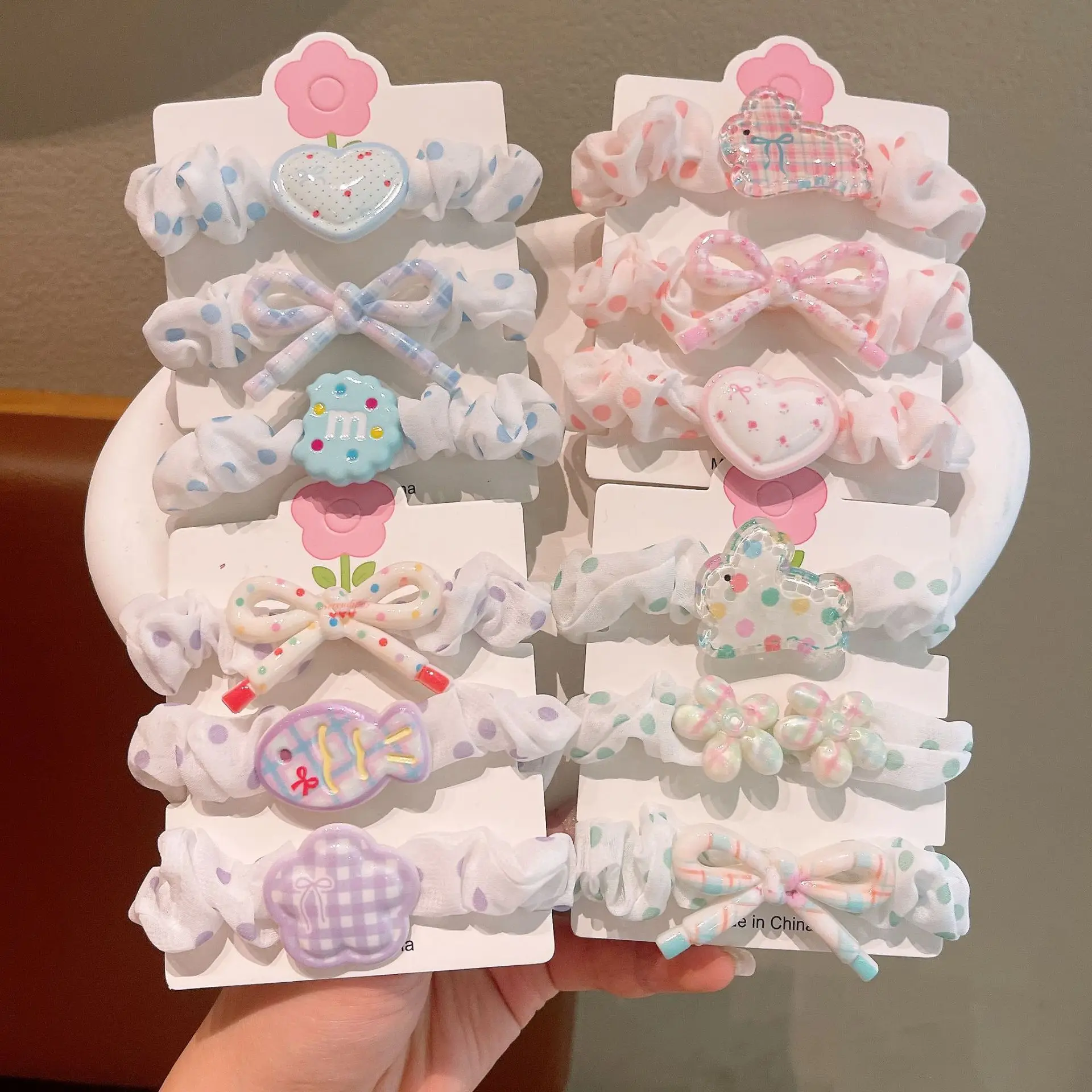3pcs cartoon Flower Print Small Intestine Headband Cute Cream Colored Hair String Sweet and Fresh Hair Accessory