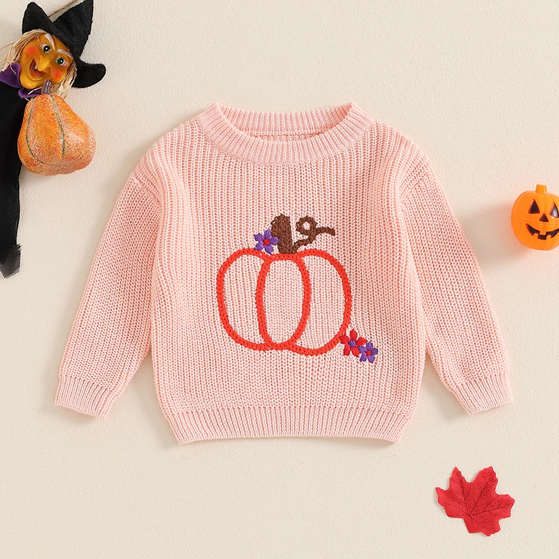 SXYPAYXS-Baby Boy Girl Halloween Sweater Pumpkin Embroidery Long Sleeve Knit Pullover Tops for Fall Winter