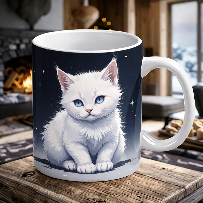 

Dreamy Starry Sky White Kitten Mug, Cute Blue Eyes Cat Ceramic Cup, Milk Cup, Office Tea Cup, Drinking Cup, Gift for Friends