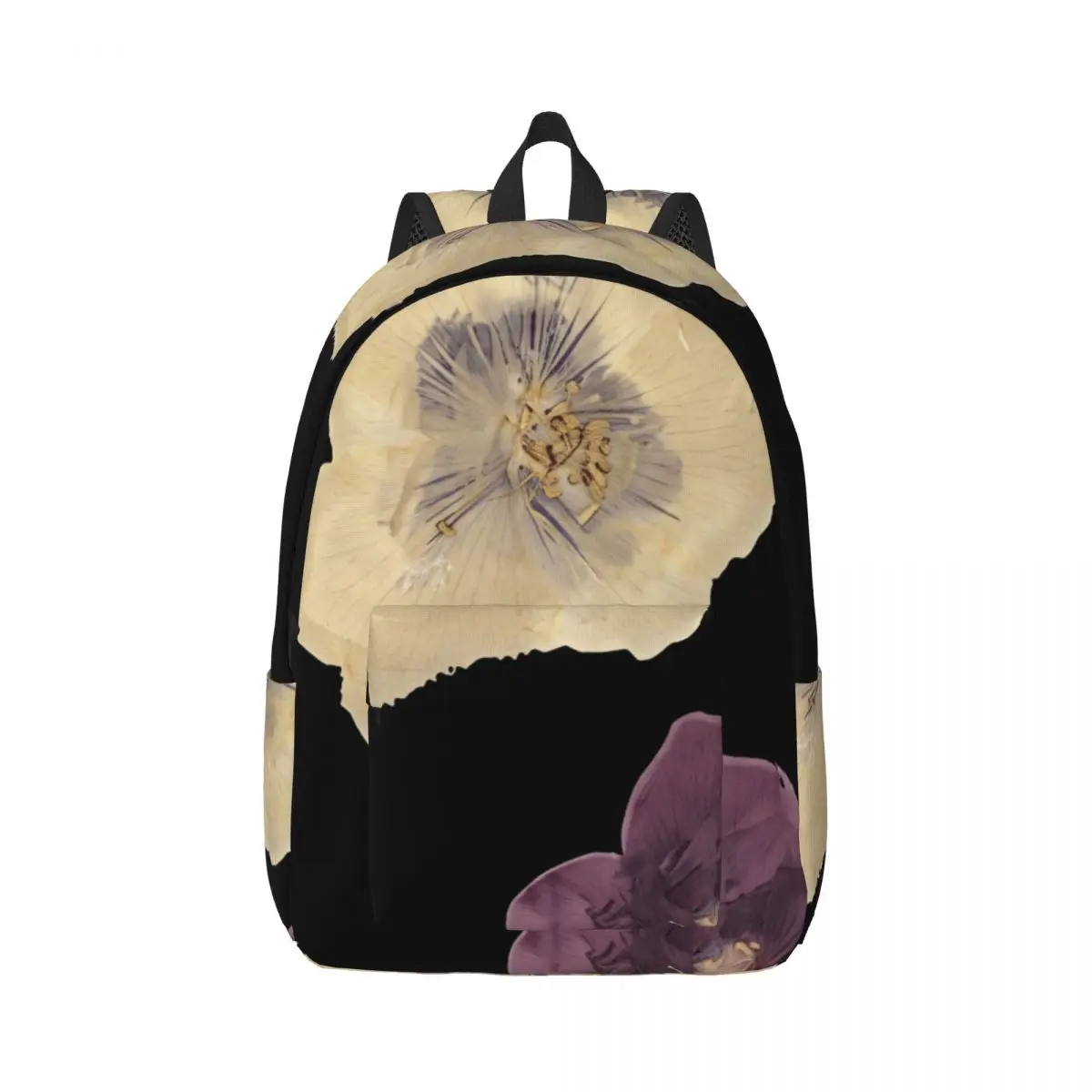 Student Bookbag Center Pressed Flower Botanical Graphic Solid Black Multi Color Edgy Daypack for School Work Weekend Outfit Kids