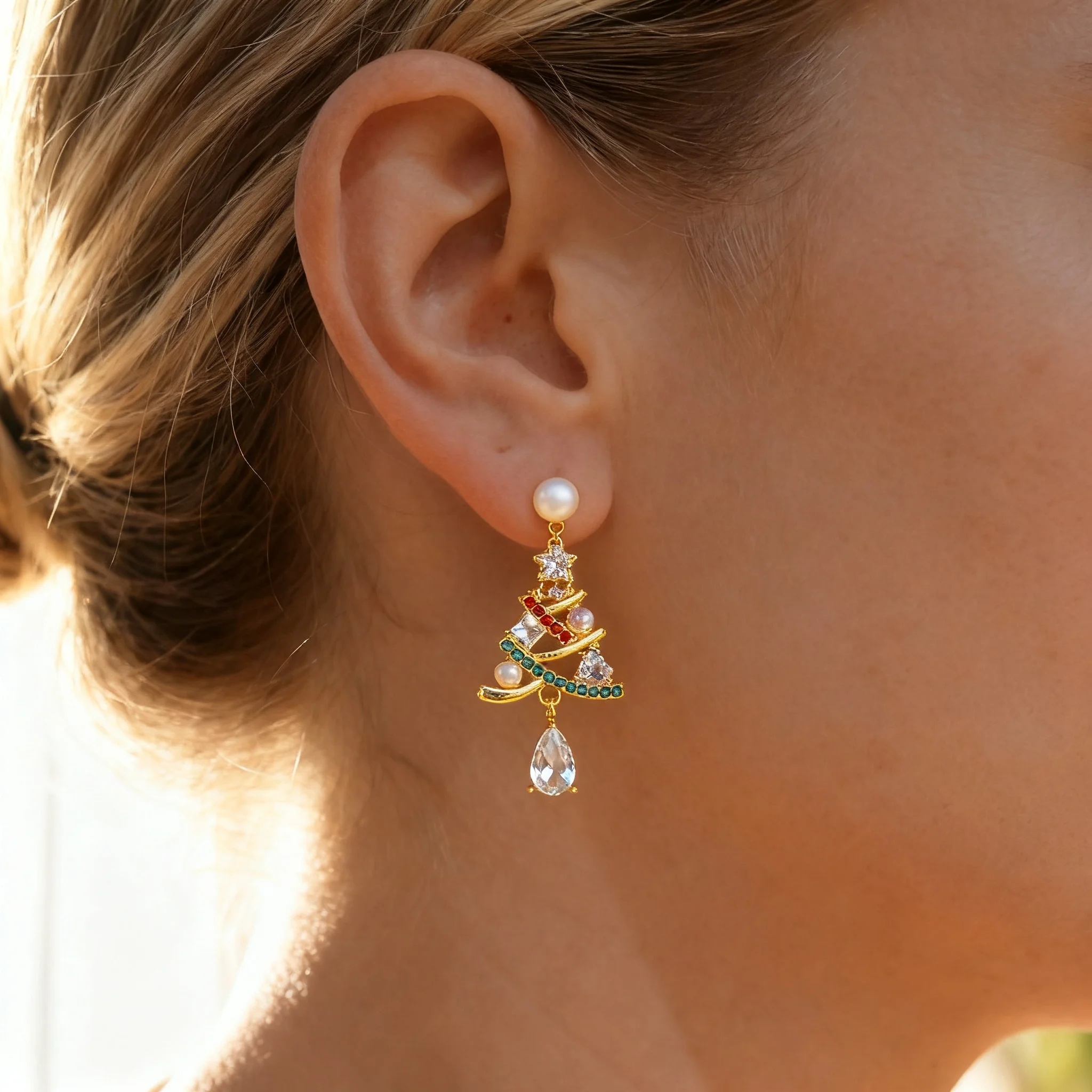 Christmas Tree Dangle Earrings Colorful Rhinestone Imitation Pearl Tree Drop Earrings Women Holiday Party Ear Jewelry