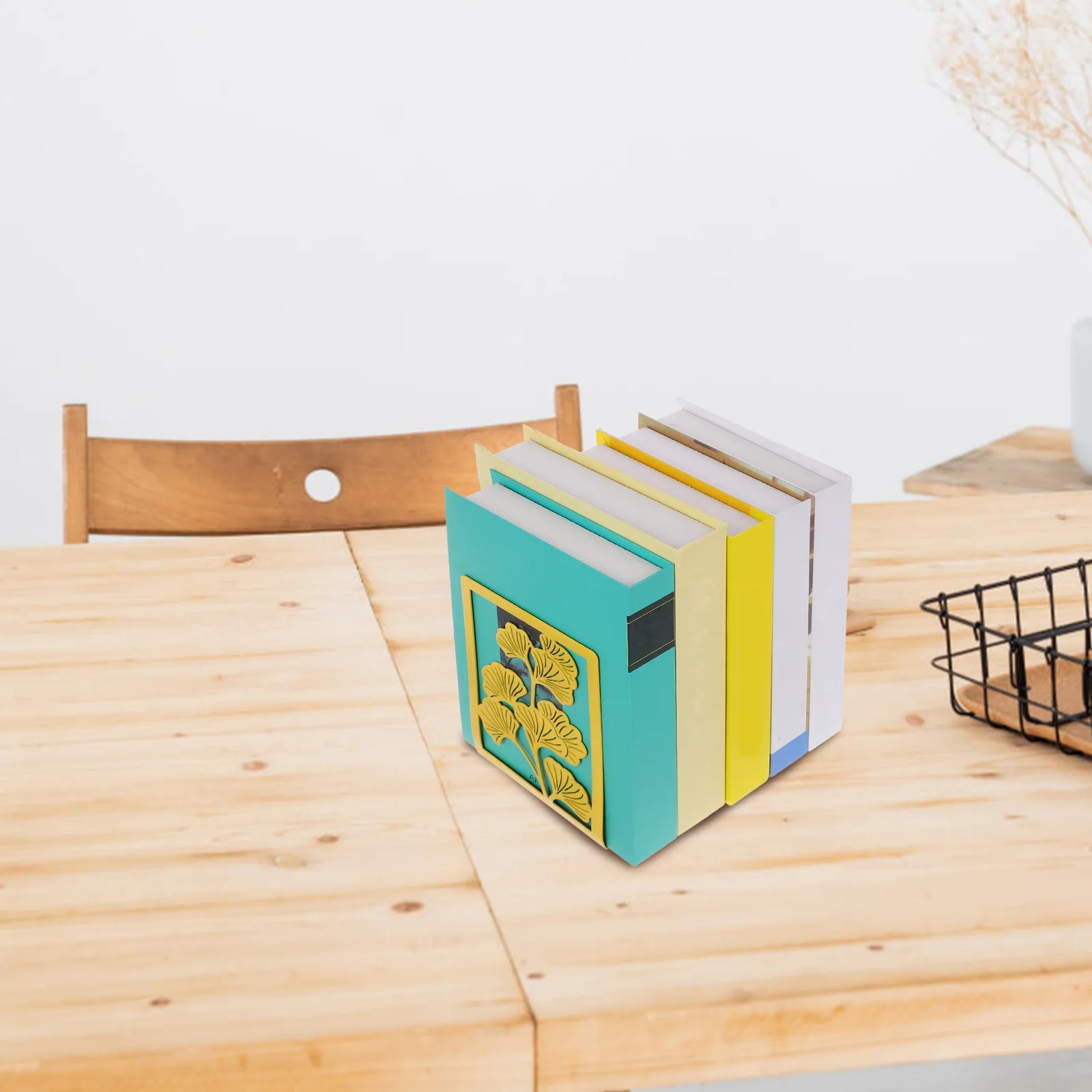2pcs Metal Bookends Desktop Organizer Study Shelf Stand Ginkgo Biloba Yellow Decorative Multi-Function File Holder