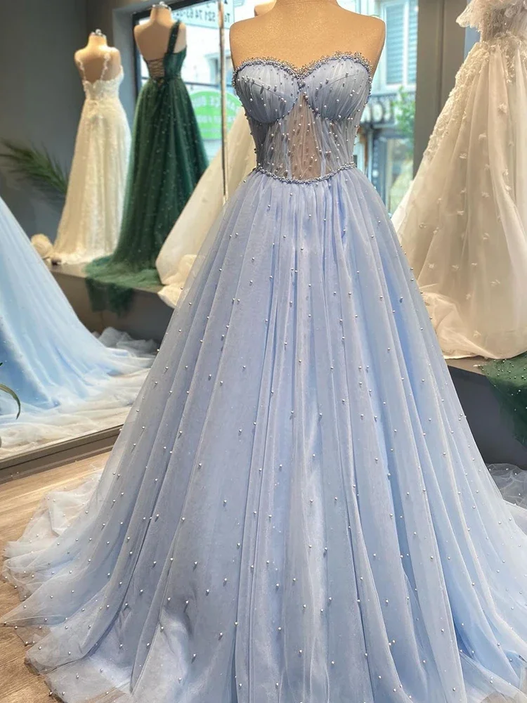 Luxurious Evening Dress Organza With Pearls Embroidery A-Line Floor Length Ball Gown Sleeveless Strapless Prom Dresses Button