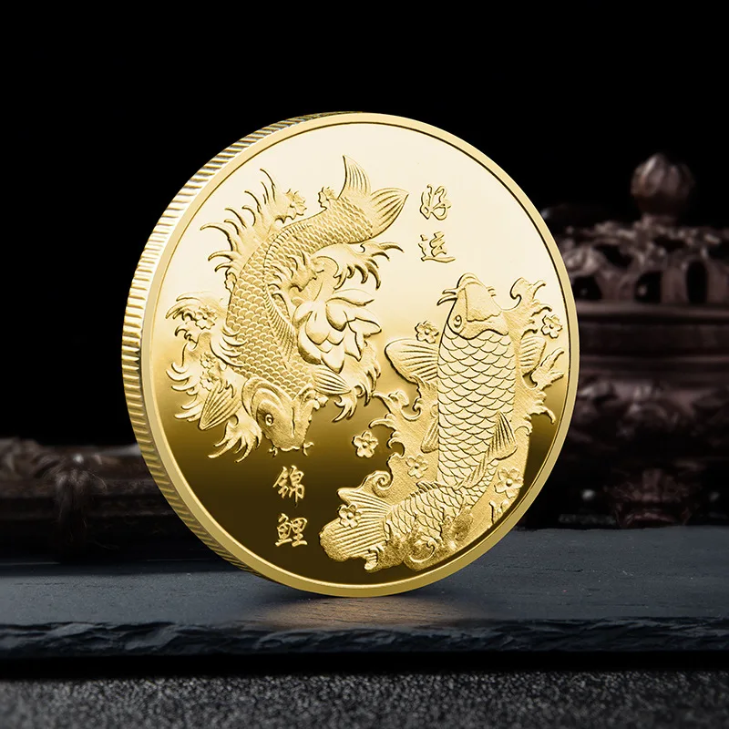 Good Luck To You Chinese Fu Koi Commemorative Coin Color Carp Medal Gold and Silver Coin Embossed Metal Craft Badge Gift