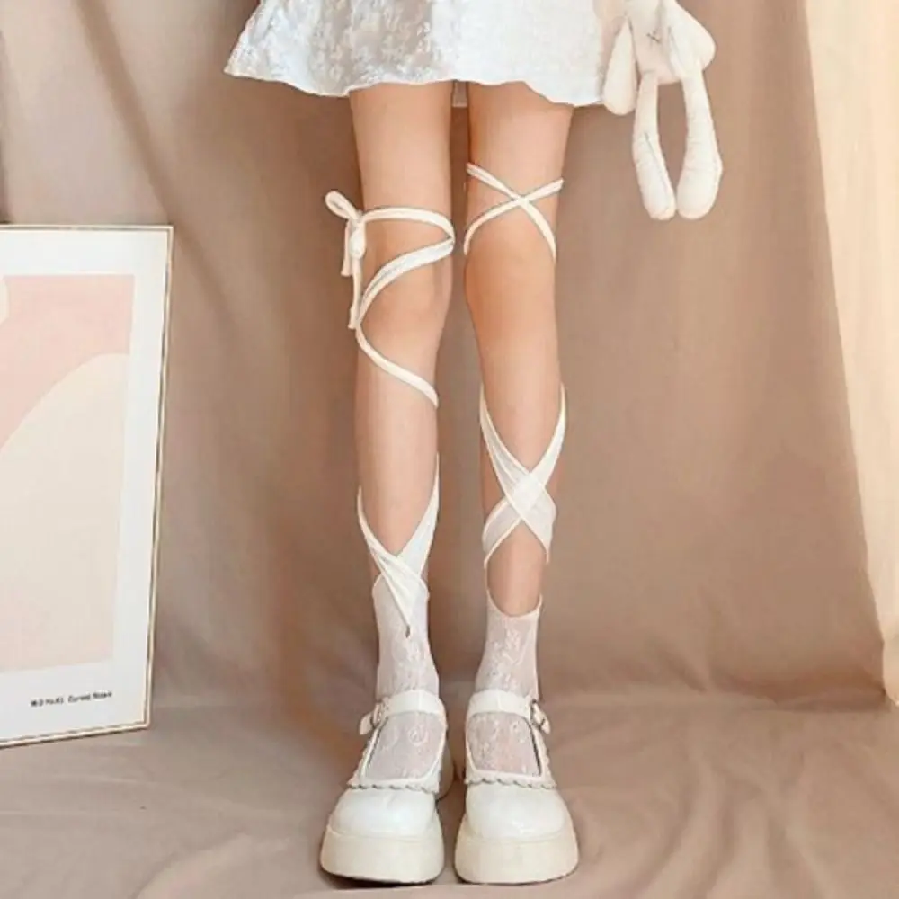 

2Pairs Irregular Straps JK Lace-up Stockings Hollow Mesh Lolita Lace Stockings Spicy Girl Style Fishnet Mid Tube Socks Women