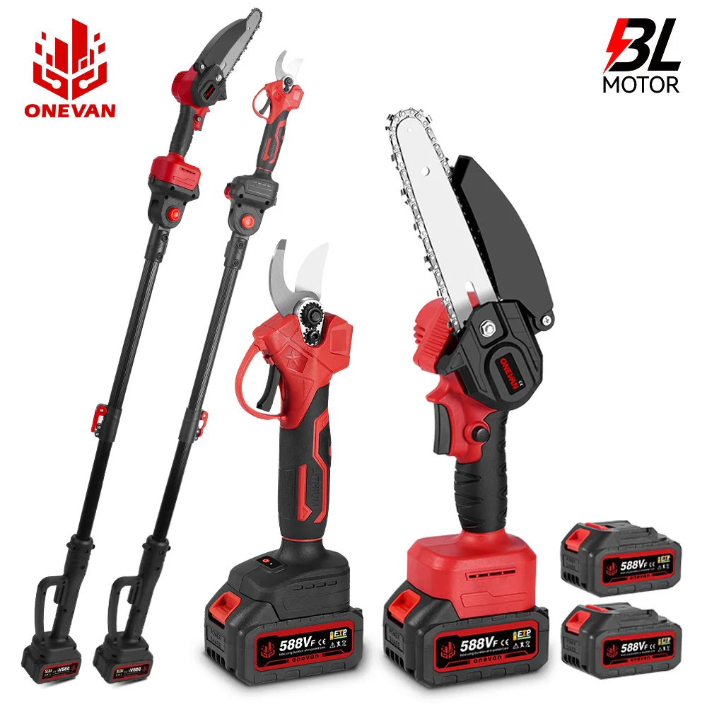Scie à chaîne électrique télescopique sans fil ONEVAN 3 en 1, cisailles pour branches hautes, outil de jardinage puissant pour batterie lithium 18V 21V