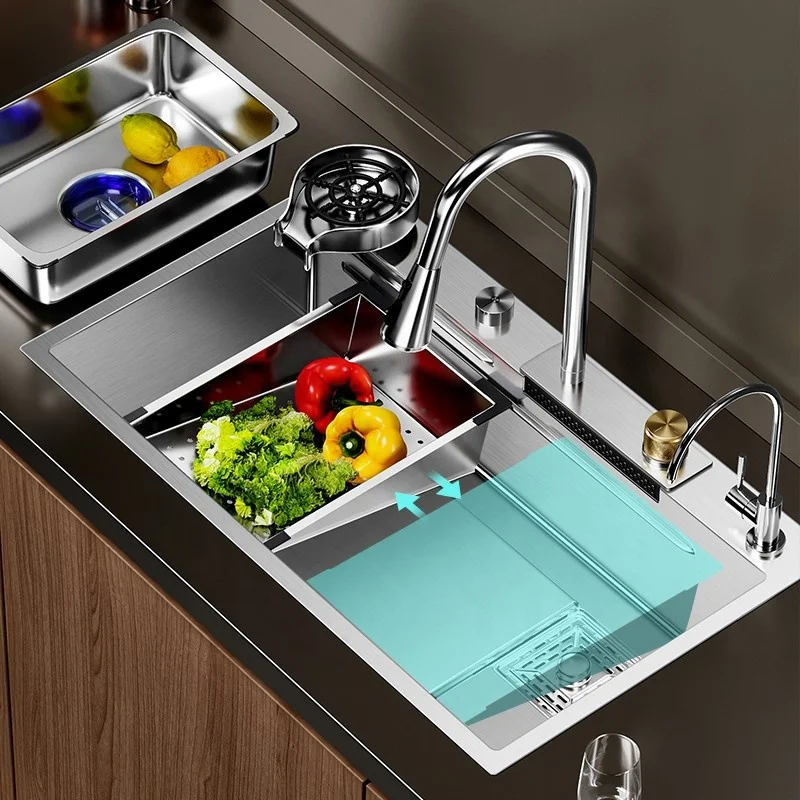 Tiktok Trends Stainless Steel All In One Kitchen Sink With Pull Down Faucet Waterfall Kitchen Faucet With Kitchen Drain