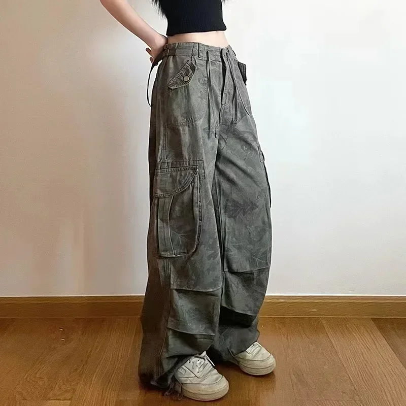 Jeans Perkakas Dasi Kaki Cetak Kamuflase Antik Kurus Anak-anak Tinggi Amerika Jeans Kaki Lebar Hip Hop Jalanan Rempah Wanita