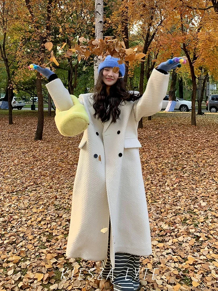 

Fashion party New White Woolen Coat For Winter 2024 Warm Women's Office Casual Thicken Wool Long Overcoat пальто женское