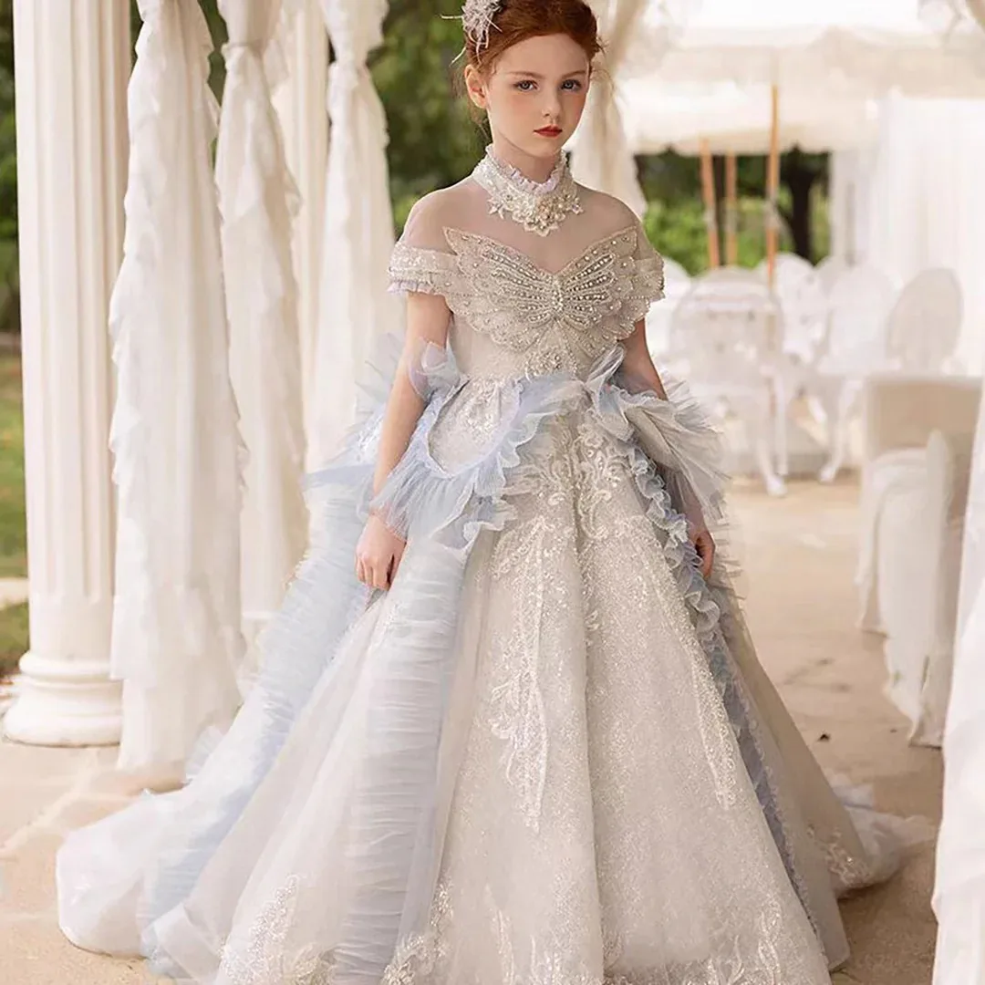 Custom Luxury Flower Girl Dress Wedding Birthday Party Pageant Catwalk Butterfly Rhinestone Ruffle Light Blue Glitter Kids Gown
