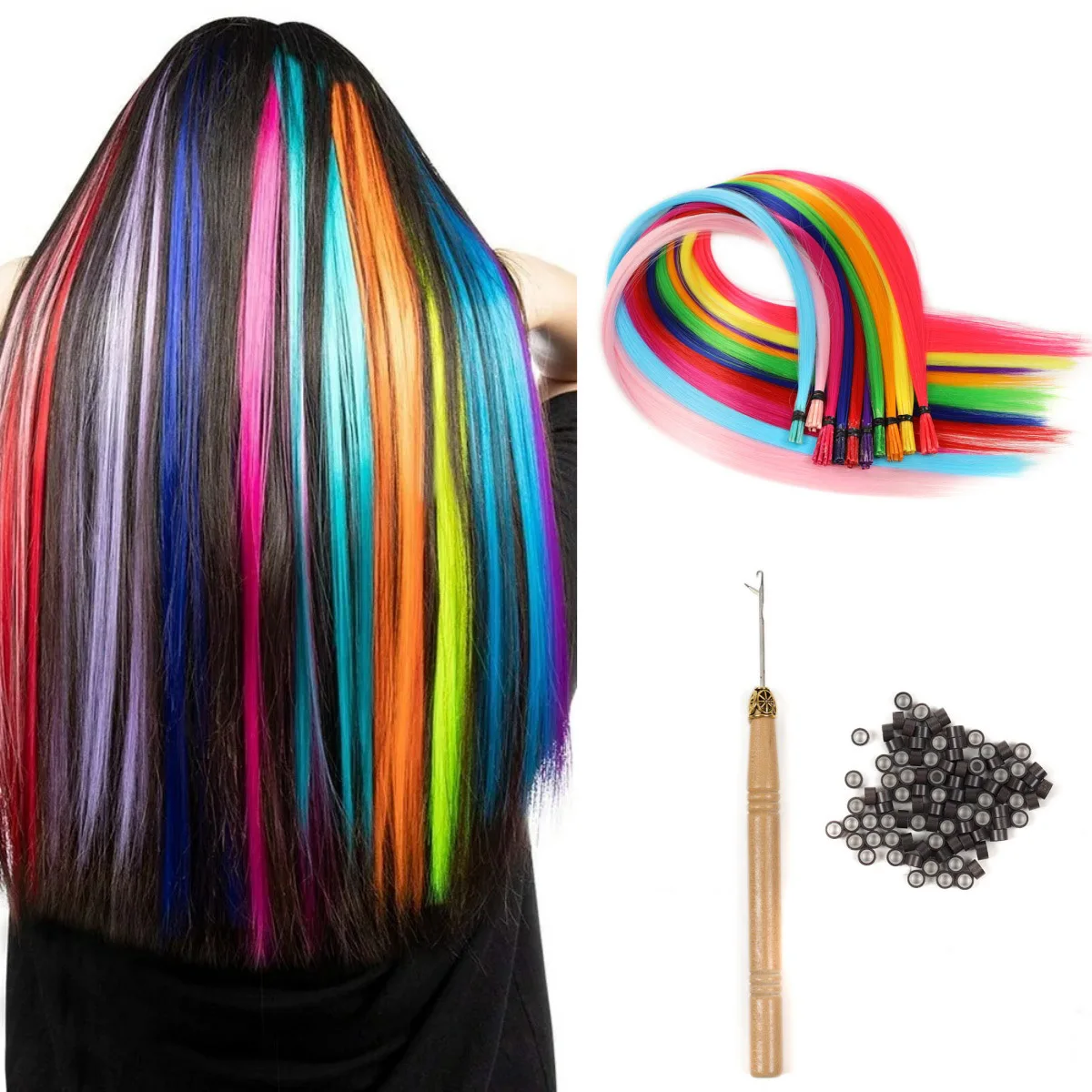Synthetic 20 Inch I-Tip Fusion Hair Extensions Party Colors Kit Straight 100 Strands Heat Resistant Highlight Feather Hairpieces
