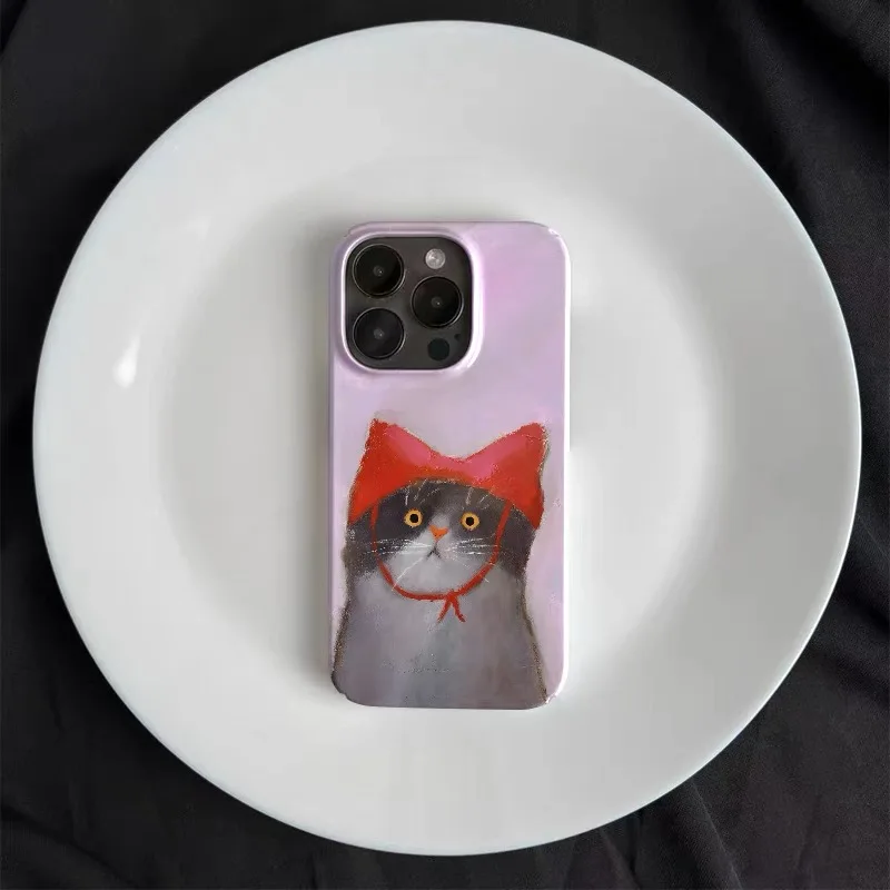 Painting Wearing Red Riding Hood Art Cat Phone Case for IPhone 15 14 11 12 13 Pro Max Korean Gothic Phone Case for IPhone XR X