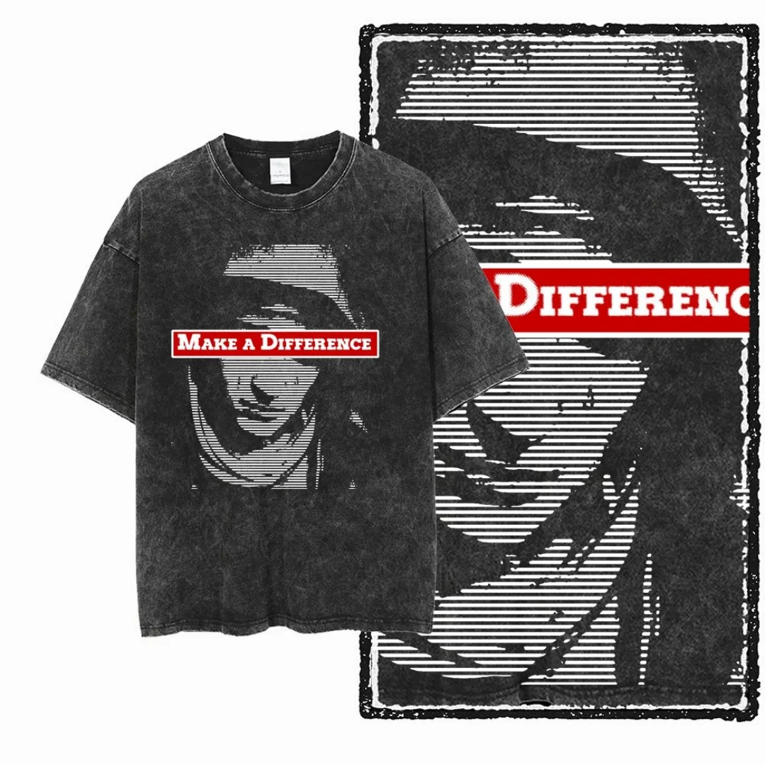 

Vintage Washed Graphic Make a Difference Slogan Men T Shirt Oversized Men Tee Black T-Shirt Retro Distressed Men’s T Shirt
