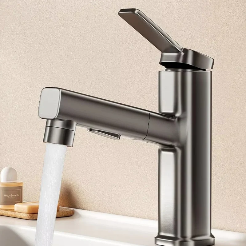 

Sleek Gunmetal Pull-Out Basin Faucet, 3-Way Water Mode Tap, Anti-Splash Design, with 80cm Hot/Cold Water Hoses Included