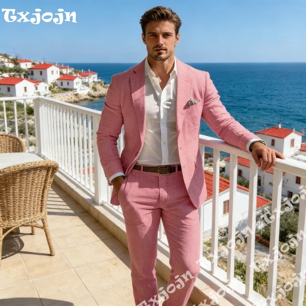 

Stylish Pink Linen 2PCS Suit Slim Fit Peak Lapel Jacket Pants Breathable Casual Wear For Beach Wedding Prom Summer Formal Events