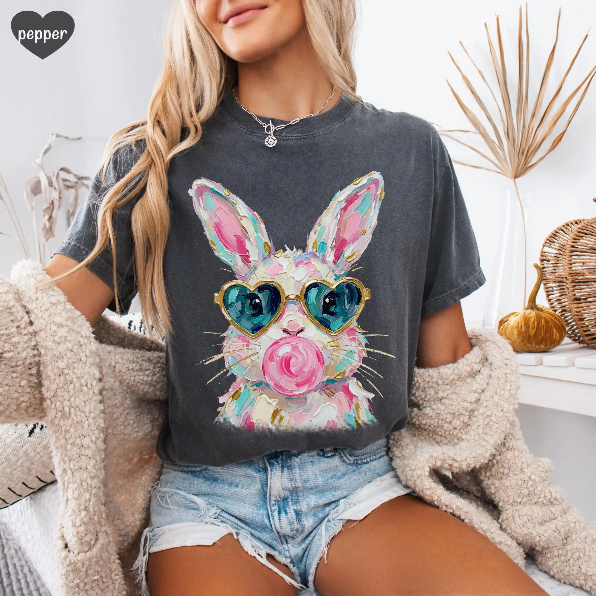 2026 Summer Women's Bunny Blowing Bubble T-Shirt Unisex Cotton and Breathable Short Sleeve Oversized Loose Casual