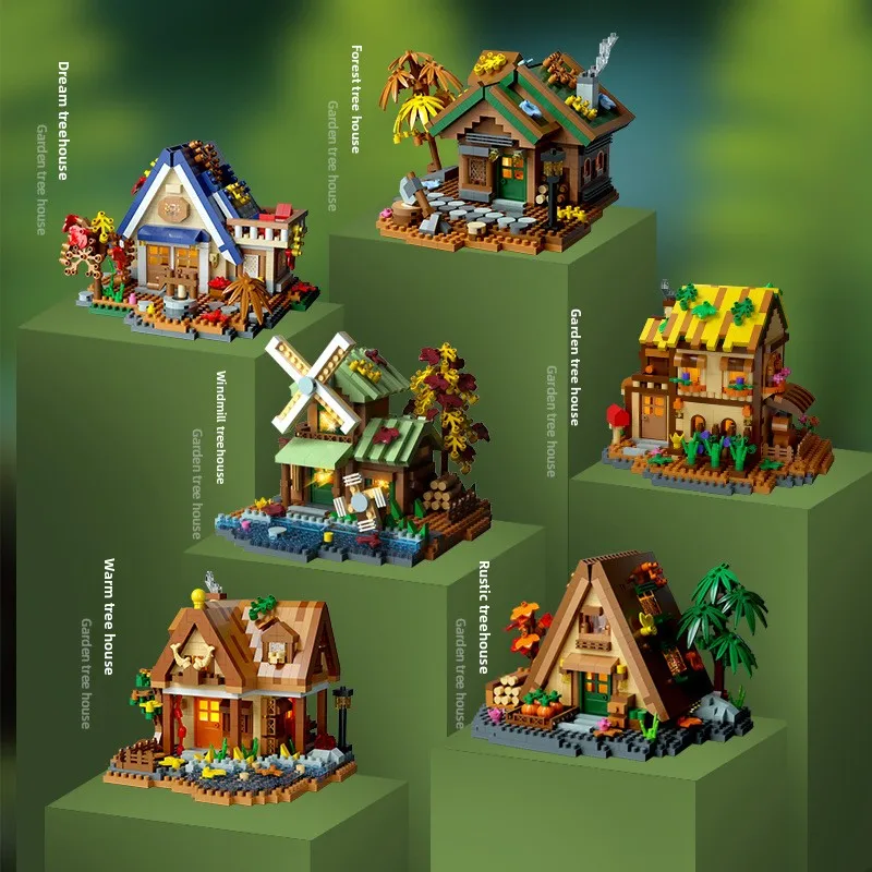 2025 틱톡 바이럴, 인스타일 윈드밀 트리 하우스, 소형 입자 숲 오두막, 파스텔 색상+LED 조명, 전원풍 캠핑 장면