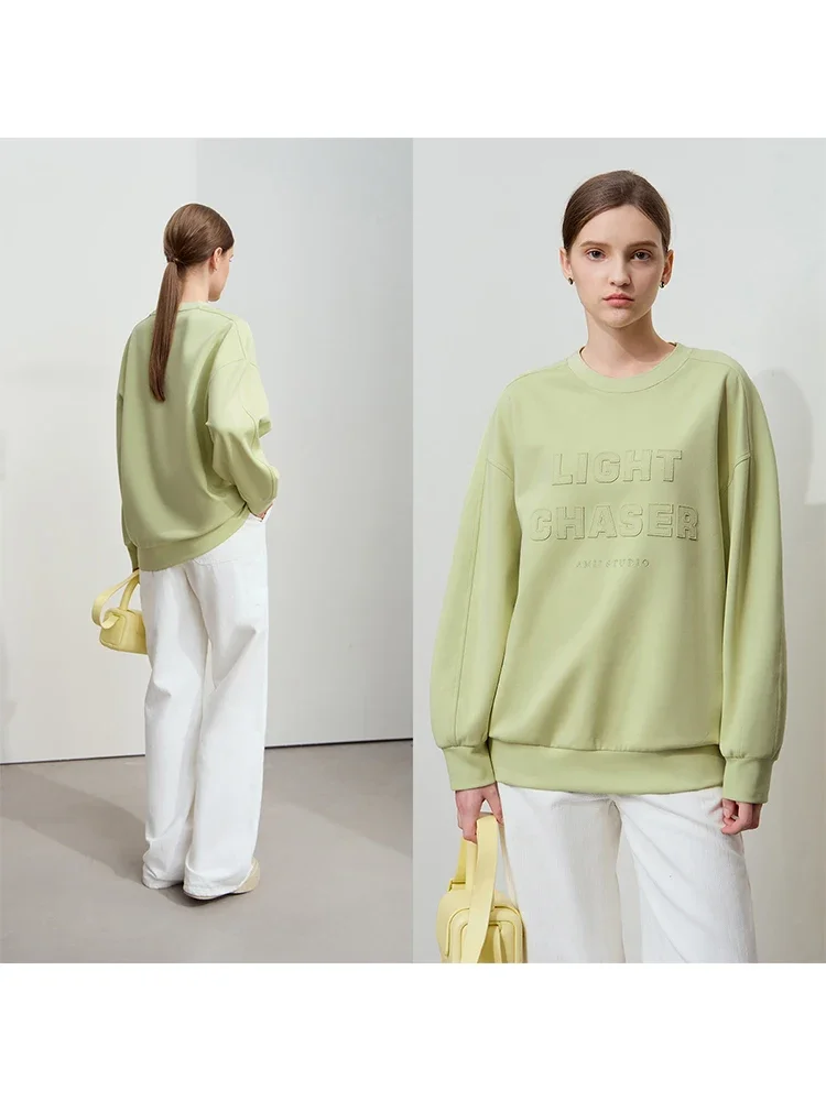 AMII Minimalist Sweatshirt For Women 2025 Spring New Casual Streetwear O-Neck Drop Sleeves Letter Print Loose Tops 12511052