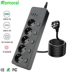 EU Power Strip Overload Protection With 2USB-C 2USB Port Control Switch Multiprise Network Filter Individual Switch For Home