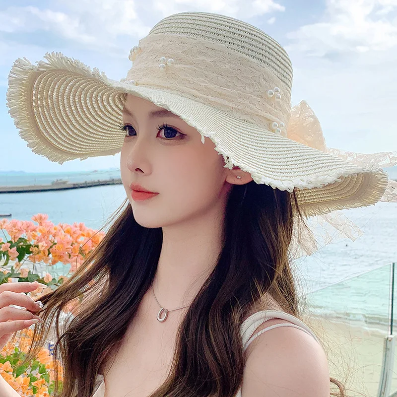 

Summer New Sweet Sunshade Straw Hat Female Temperament Large Brim Outdoor Sunscreen Hat Kawaii Girl Face Shading Tie Sun Hat