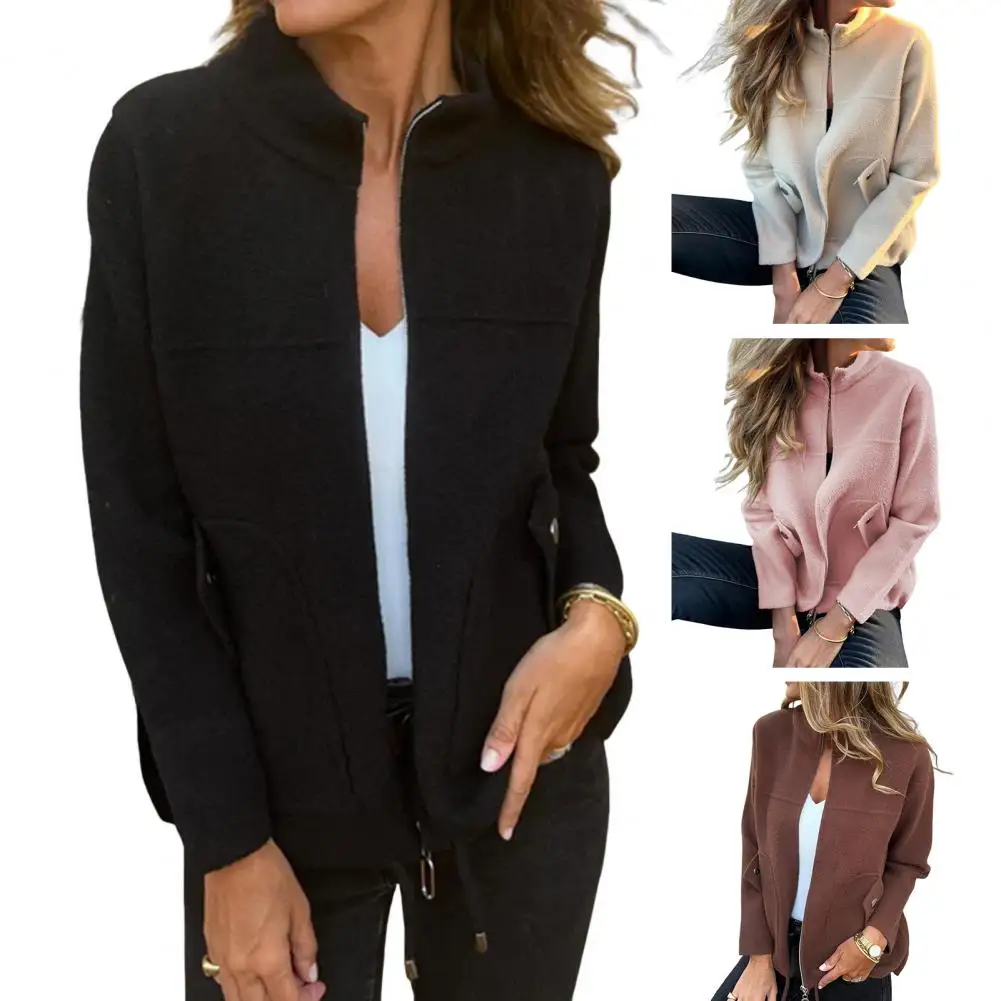 

Women Fashion With Pockets Pink Front Zipper Jackets Vintage Lapel Neck Long Sleeves Female Chic Lady Outfits