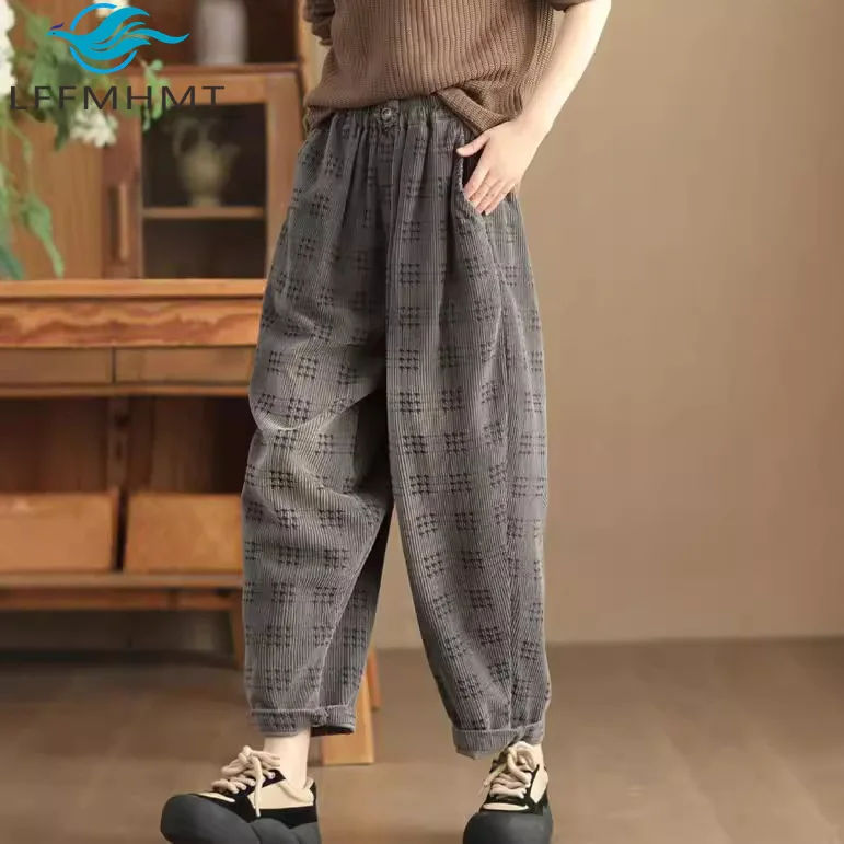 

Женские вельветовые клетчатые брюки-шаровары в стиле ретро на осень-зиму, хлопковые повседневные брюки-шаровары, женские свободные повседневные брюки с эластичной резинкой на талии