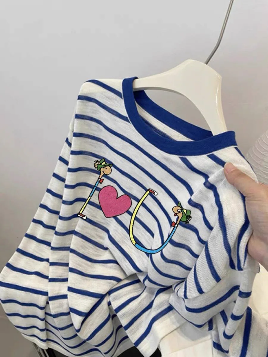 

Korean College Sle Long Sve T-irt ex Spring Autumn Stripe Print UV Protection Casual Loose Fit round Ne Top