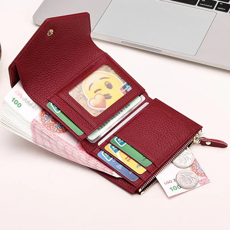 Short Purse for Women 2024 New Classic Buckle Wallet Genuine Leather RFID Trifold Card Holder Zipper Coin Purse Women's Wallet