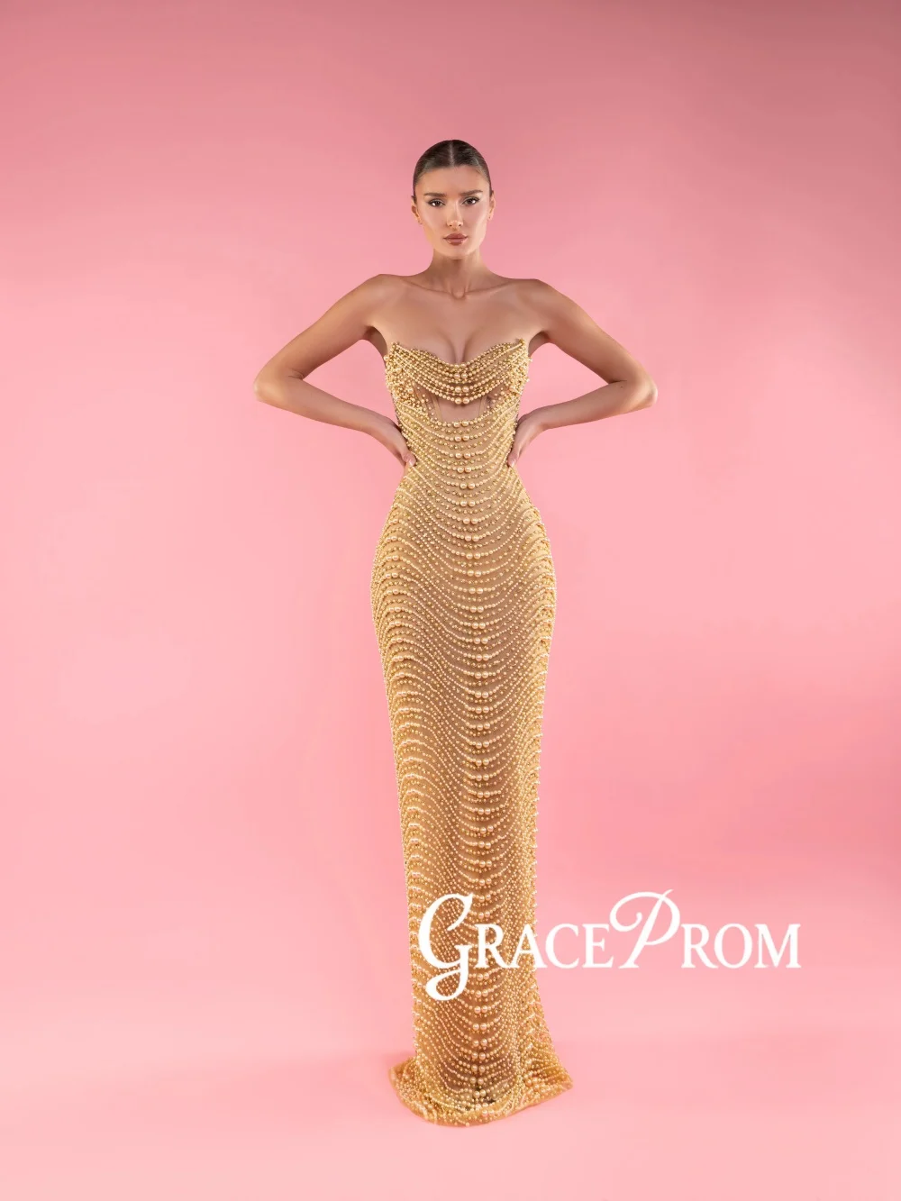 

Golden Beads Pearls Evening Dress Captivating Strapless Long Wedding Party Gown Customized Opulent Elegant Red Carpet Gowns